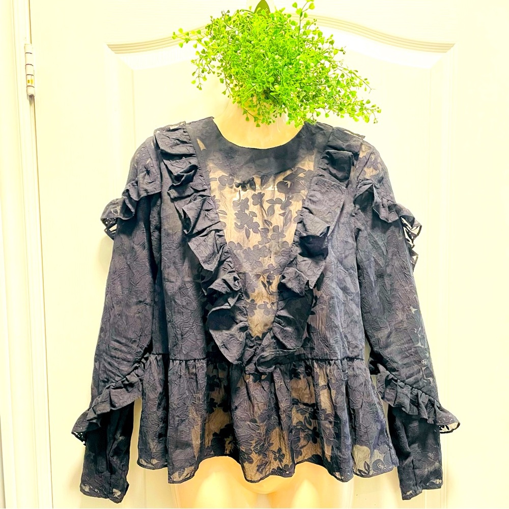 🌸3 for $30 H&M Blouse Black Ruffled Top Peplum Sheer Top floral long Sleeve